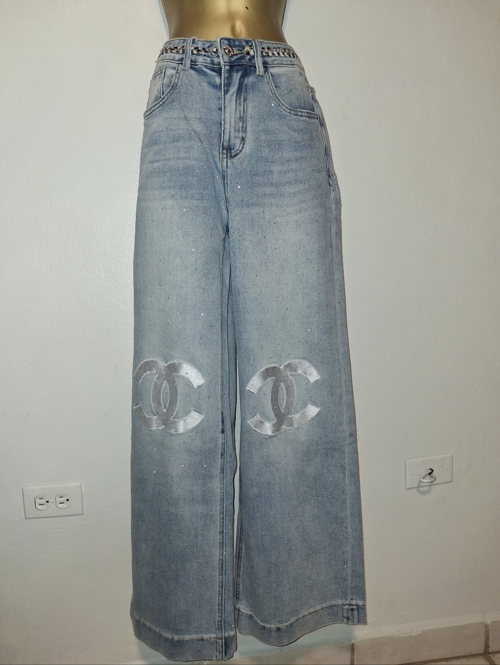 CC Light Blue Wide-Leg Jeans with Double CC Logos